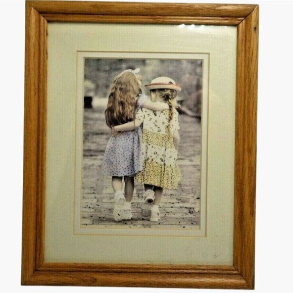 Art Print Two Girls Walking Vintage Framed Friendship Girlfriends Pastel - Picture 1 of 3